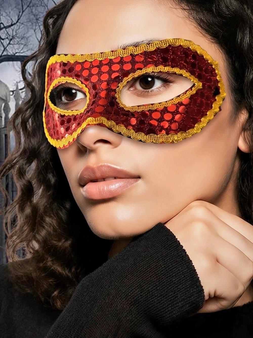 $6 Add-on Halloween| Colombina Sequin Masquerade Mask in Red & Gold